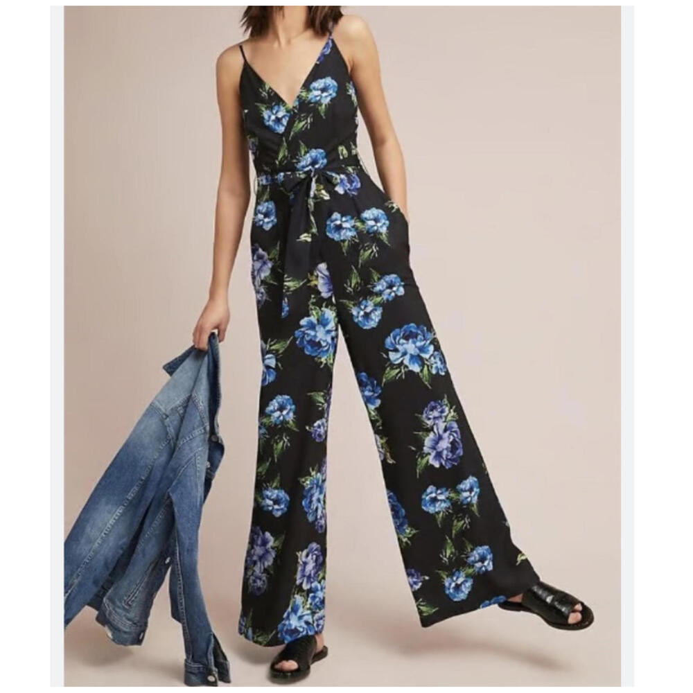 YUMI KIM black and blue floral v neck jumpsuit sz S